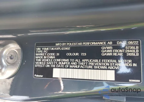 2023 Polestar 2 Long Range Dual Motor Bst Edition 230/Long Range Dual Motor Bst Edition 270 z USA, uszkodzony, nr VIN YSMET3KAXPL122902